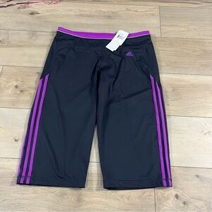 Adidas Women’s Black and Purple Athletic Wide Leg 3 Stripe Capris NWT